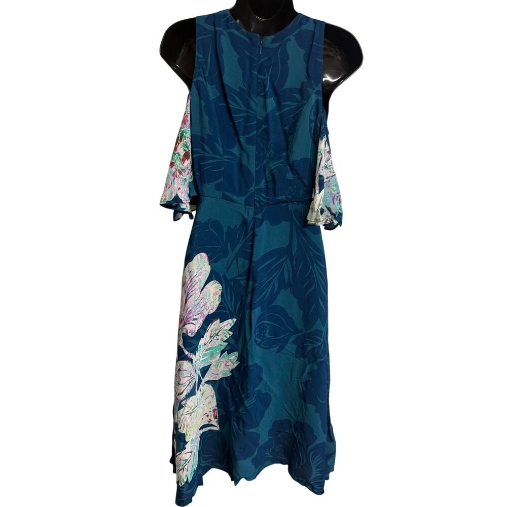 Maeve Anthropologie Dress 4 Teal Shift Cold Shoulder Ruffle Lined Women EUC - Picture 5 of 10